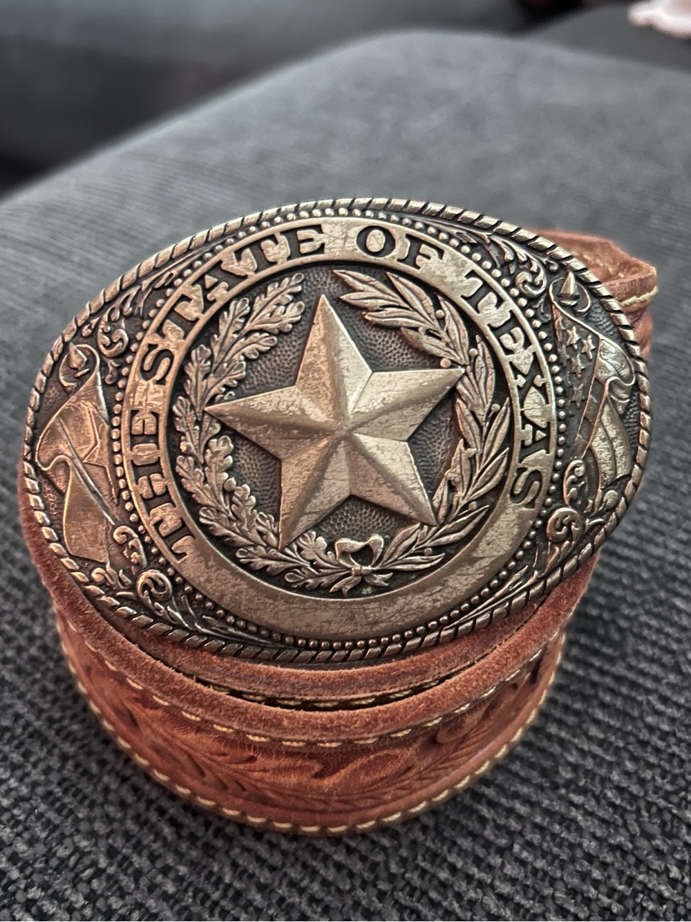 Tony Lama Brown Leather Belt with Texas Star Antique Silver Buckle